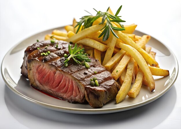 plato de bistec cocido a la parrilla con patatas fritas aisladas sobre un fondo blanco