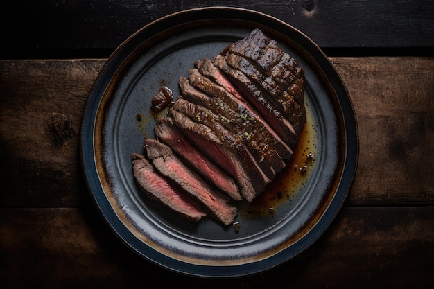 Plato de bistec de flanco carbonizado y jugoso por fuera medio raro por dentro