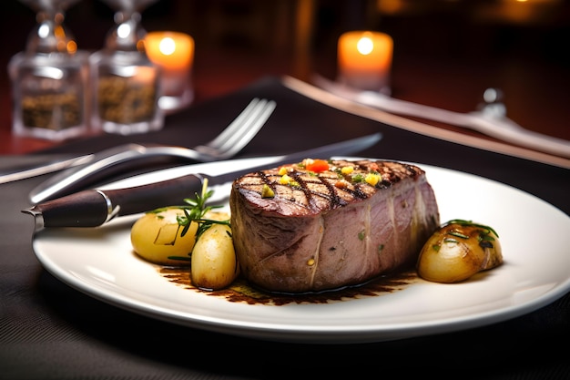 Un plato de bistec con patatas y un cuchillo al lado