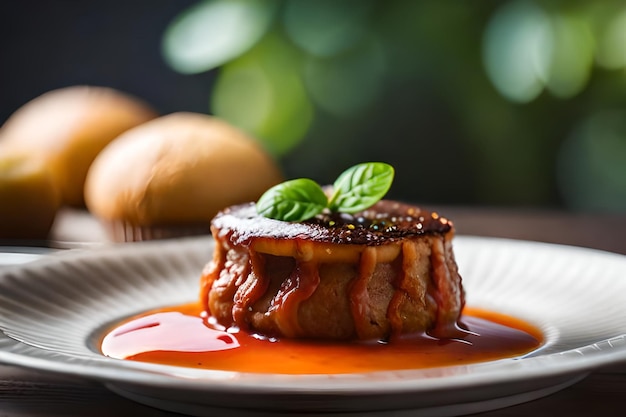 un plato de bistec con un pedazo de carne en él