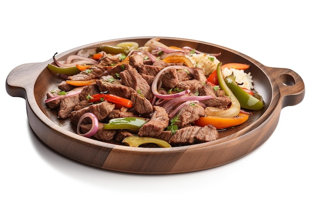 Un plato de bistec con pimientos y cebollas