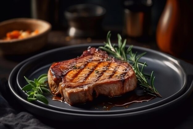 Un plato de bistec con una ramita de romero encima