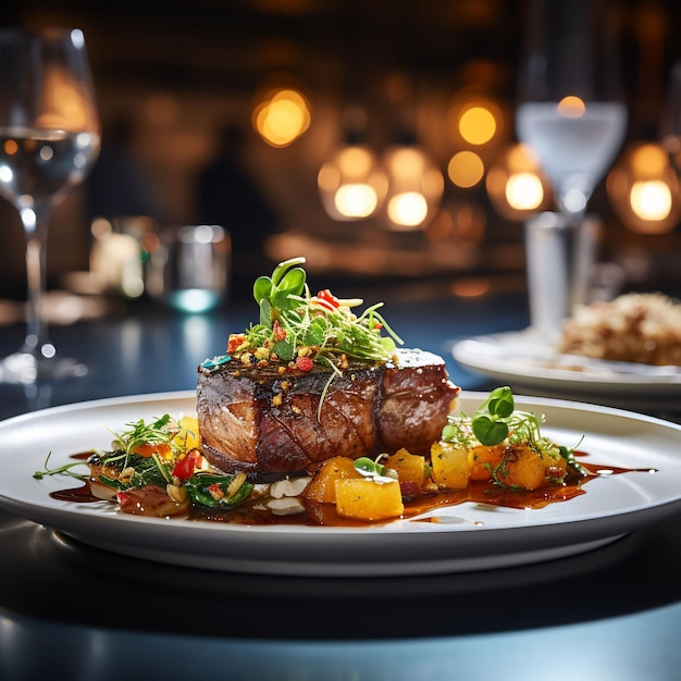 un plato de bistec con verduras y una botella de vino al fondo