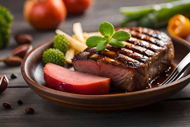 un plato de bistec con verduras y frutas