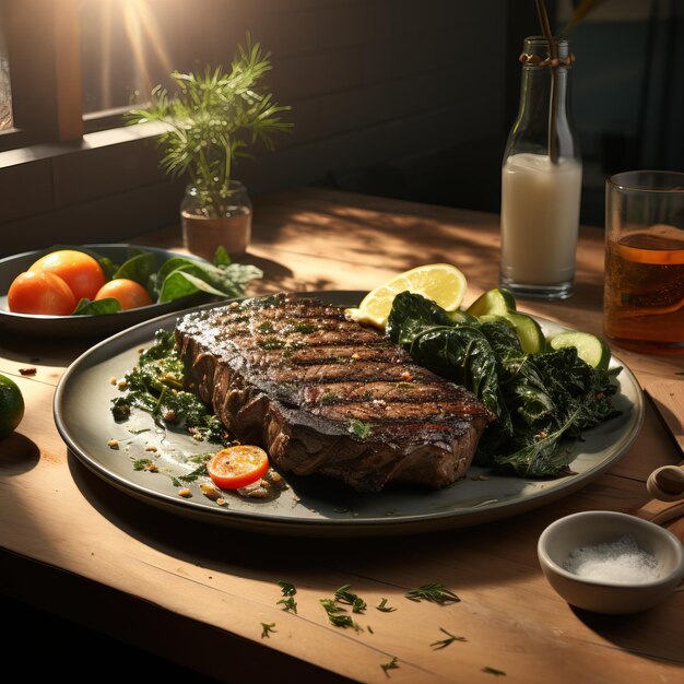 un plato de bistec y verduras en una mesa