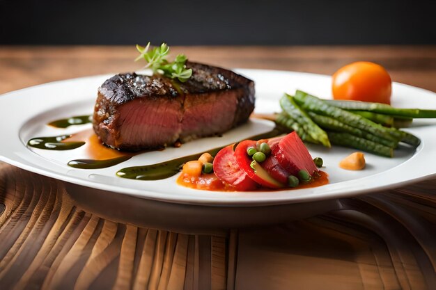 un plato de bistec con verduras y un plato con verduras.