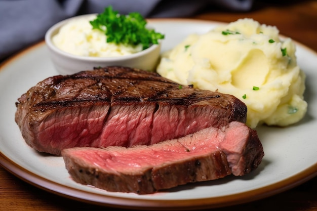 Foto plato de bistec wagyu perfectamente cocinado con guarnición de puré de patatas