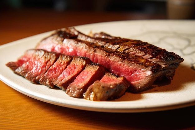 Plato de bistec wagyu sazonado y asado listo para disfrutar