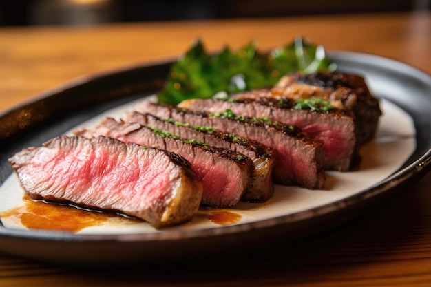 Plato de bistec wagyu sazonado y asado listo para disfrutar