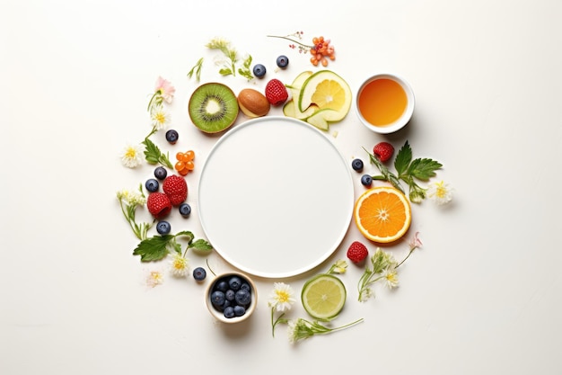 Plato blanco con alimentos saludables frutas y bayas sobre un fondo blanco vista superior espacio libre ai generativo