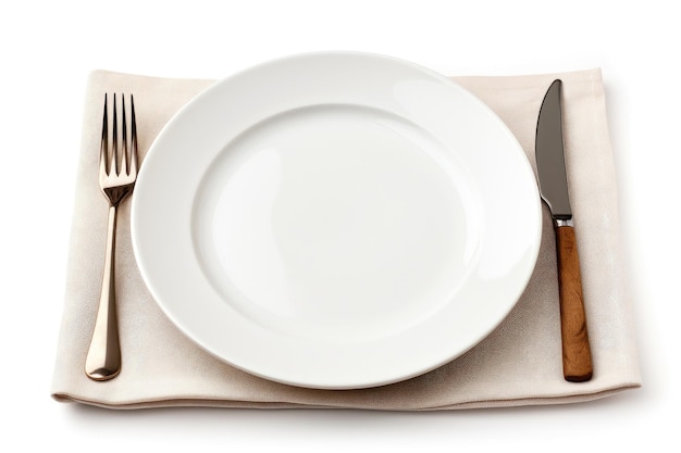 Foto un plato blanco se coloca en una mesa acompañado de un cuchillo y un tenedor los utensilios están ordenadamente dispuestos al lado del plato listos para una comida que se comerá aislado en un fondo transparente png