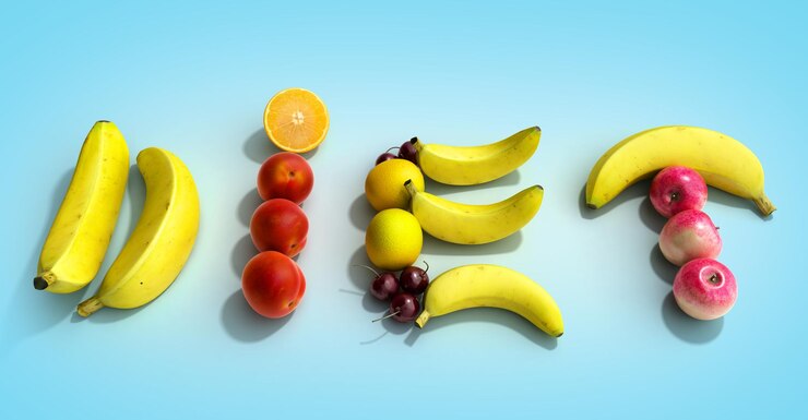 Foto plato blanco con colocado en su palabra dieta compuesta de rebanadas de diferentes frutas 3d render en azul