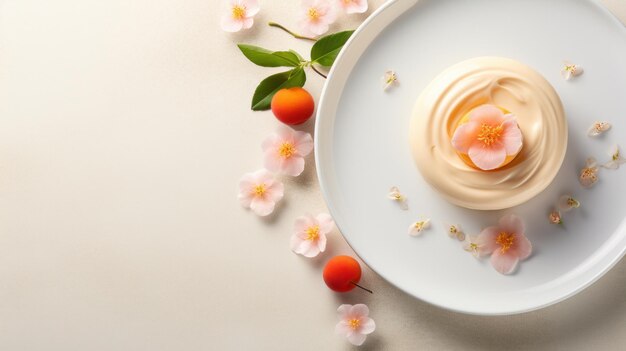 Un plato blanco con una crema y fruta en él ai