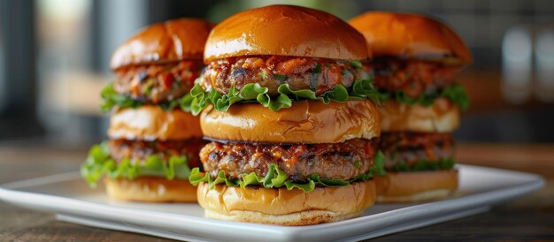 Plato blanco con cuatro hamburguesas cubiertas de lechuga