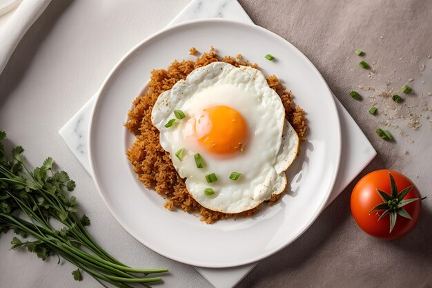 un plato blanco cubierto de arroz y un huevo frito.