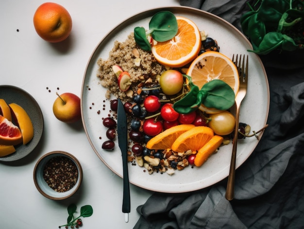 Un plato blanco cubierto con fruta junto a un cuchillo y un tenedor Imagen generativa de IA