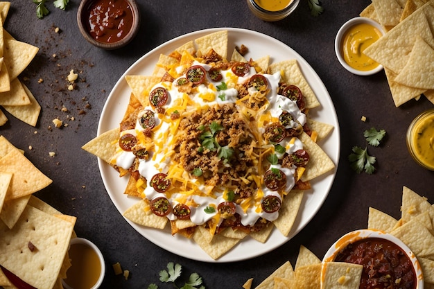 Foto un plato blanco cubierto de nachos cubierto de queso