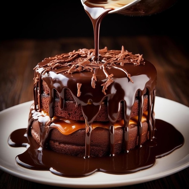 un plato blanco cubierto con un pastel de chocolate cubierto con glaseado de chocolate