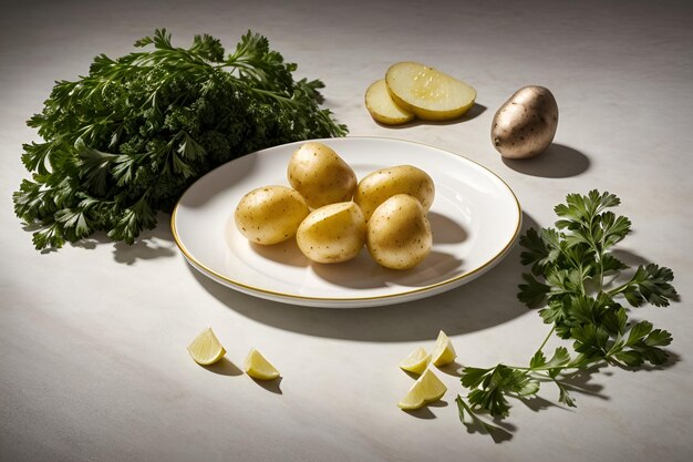 un plato blanco cubierto de patatas y perejil.