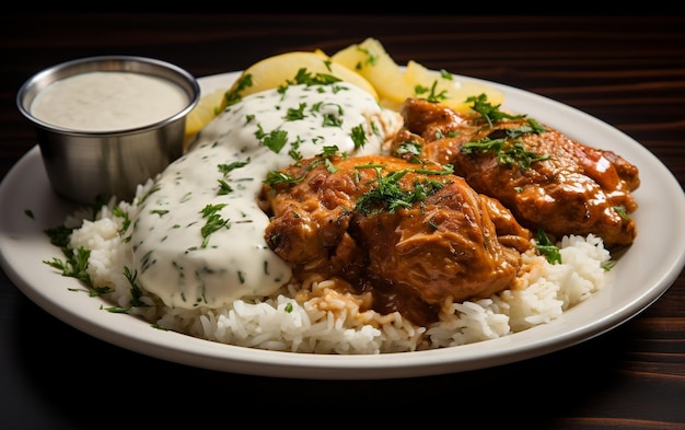 Un plato blanco cubierto con pollo y arroz AI