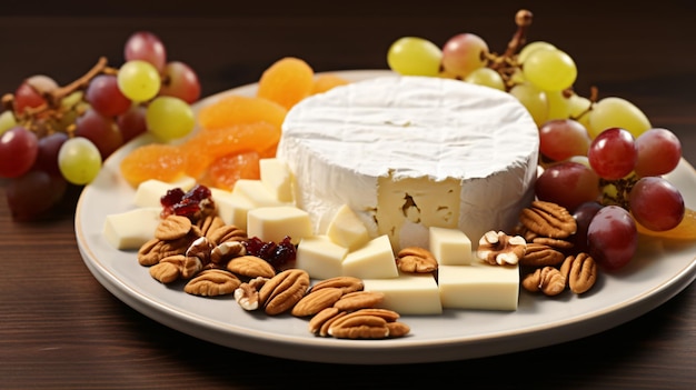 Un plato blanco cubierto de queso, frutas y nueces