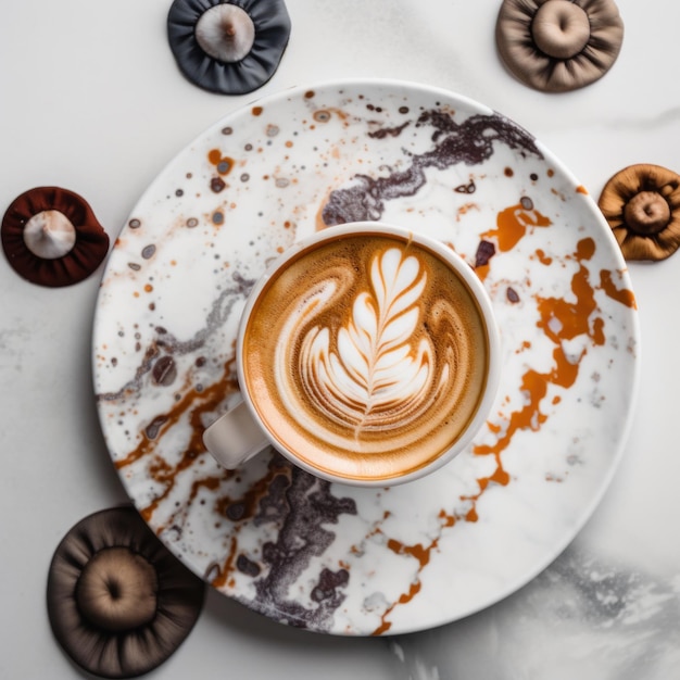 Un plato blanco cubierto con una taza de café Imagen generativa de IA