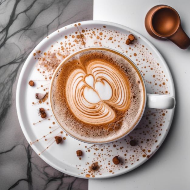 Un plato blanco cubierto con una taza de café Imagen generativa de IA