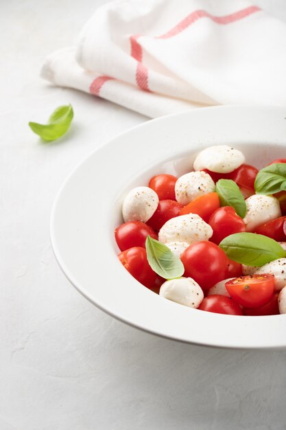 Plato blanco de deliciosa ensalada caprese clásica.