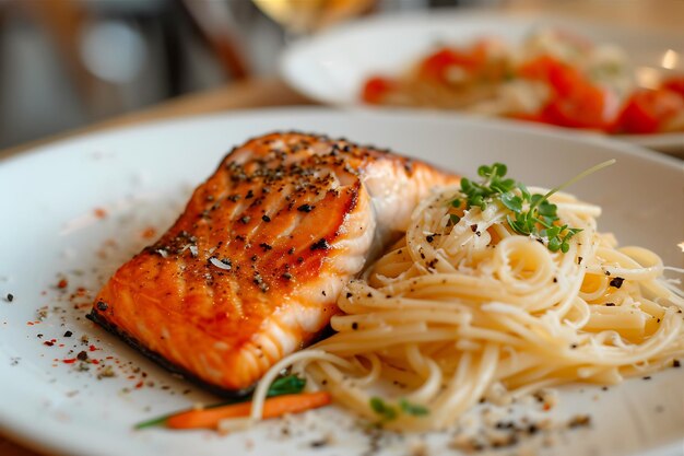 Plato blanco con dos platos de salmón y pasta