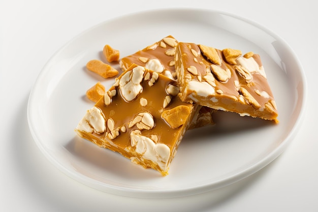 En un plato blanco dulce maní quebradizo Fotografía macroscópica