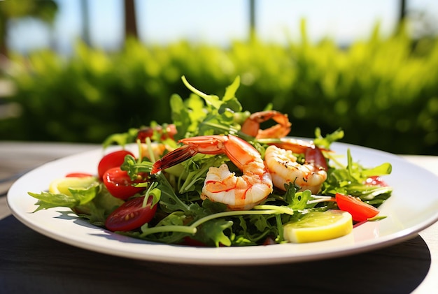 Foto plato blanco generativo con ensalada y camarones