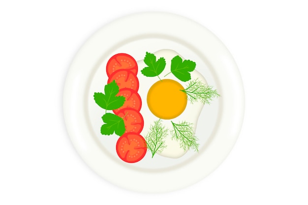 En un plato blanco hay un huevo frito tomates perejil y eneldo aislamiento sobre un fondo blanco