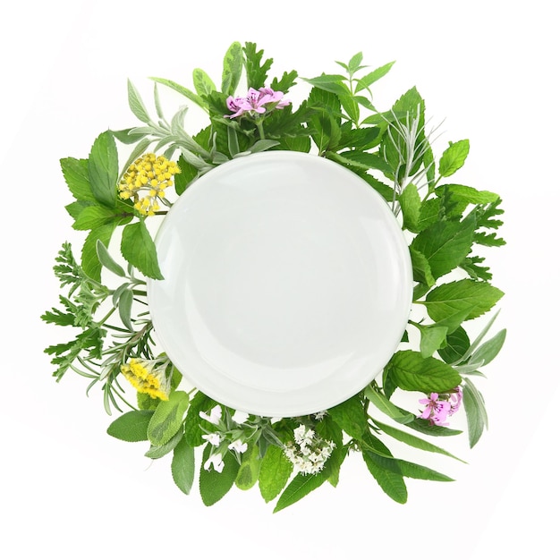 Plato blanco con hierbas frescas y especias a su alrededor.