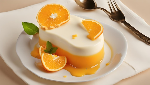 Foto un plato blanco con un pastel y rebanadas de naranja en él