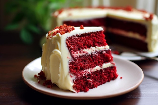 un plato blanco con un pastel de terciopelo rojo en él