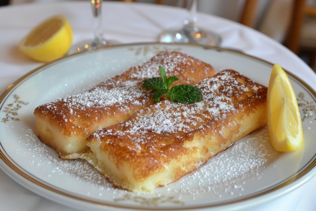 Plato blanco con pasteles cubiertos de azúcar en polvo