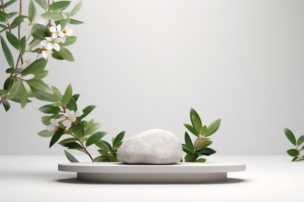 Un plato blanco con una piedra encima y una rama verde con flores detrás.