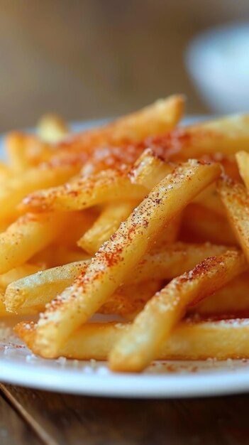 Un plato blanco con una pila de papas fritas gruesas en una superficie de mesa de madera