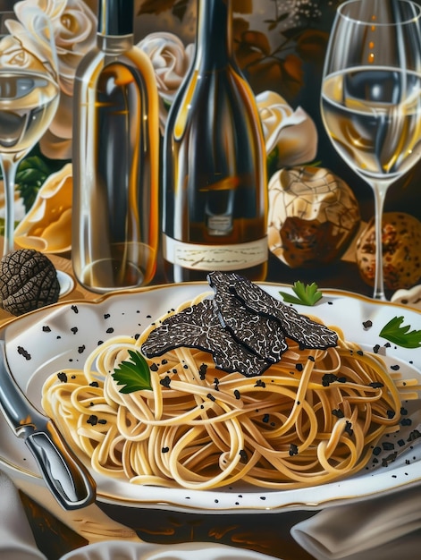 Un plato blanco con una porción de pasta con trufas y un vaso de vino blanco