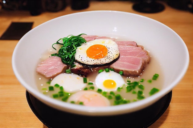 Plato blanco profundo con tazón tradicional japonés de ramen tonkotsu