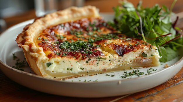 Foto plato blanco con rebanada de quiche