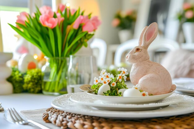 Un plato blanco se sienta en una mesa adornada con una estatuilla de conejo que representa una decoración festiva de Pascua