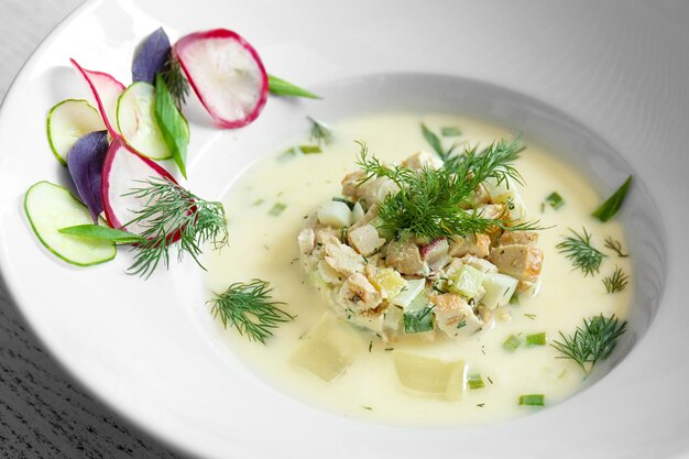 Plato blanco con sopa fría de verano