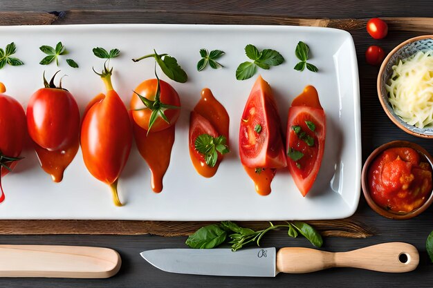 Un plato blanco con tomates y un cuchillo al lado.