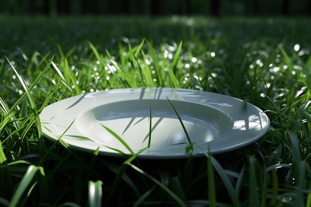 Plato blanco vacío en la hierba verde en el parque a poca profundidad del campo