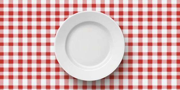 Plato blanco vacío en un mantel a cuadros rojo y blanco que proporciona un espacio despejado para la presentación de los alimentos