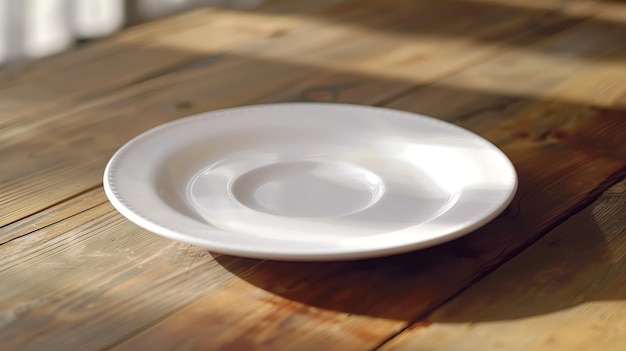 Plato blanco vacío en una mesa de madera