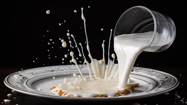 Foto plato blanco con un vaso derramado de leche salpicando la mesa escena de la cocina moderna