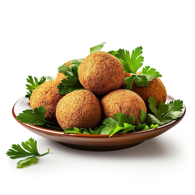 plato de bolas de falafel fritas y hojas de perejil aisladas sobre un fondo blanco