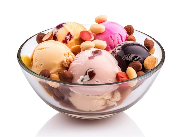 Plato con bolas de helado de colores con nueces y chispas de chocolate aisladas en la vista lateral de fondo blanco